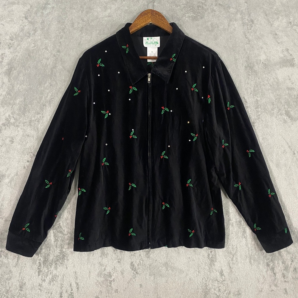 Quacker Factory Jacket XL Black Holly Berry Velvet Embroidered Zip Up Rhinestone